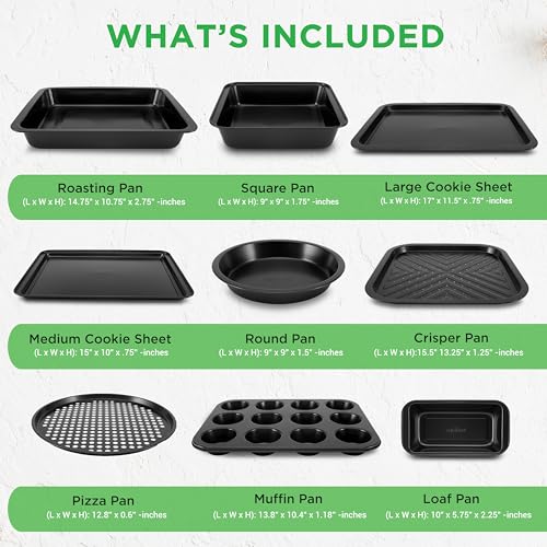 Image of 10-Piece Nonstick Bakeware Set - PFOA PFOS PTFE Free Food Grade Safe Carbon Steel Baking Tray Set - Oven Safe Up to 446F, Pizza, Loaf, Muffin, Round /Square Pans, Cookie Sheet, Etc - NutriChef NCBS10S