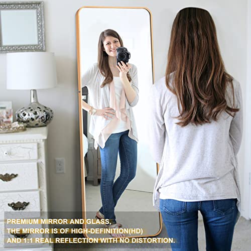 Image of NeuType 65 inchx22 inch Full Length Floor Mirror with Stand - Large Bedroom Wall-Mounted or Leaning Mirror - Aluminum Alloy Frame, Golden, Round Corner