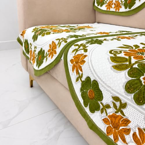Image of Homerz Premium 'Surya Series' Sofa Cover | Stylish Sofa Protector | Net Fabric | Anti-Stain & Washable Slip Cover Exact Size Antislip (Daisy Green, 7 (3+2+2) Seater, Seat Cover with Backrest)