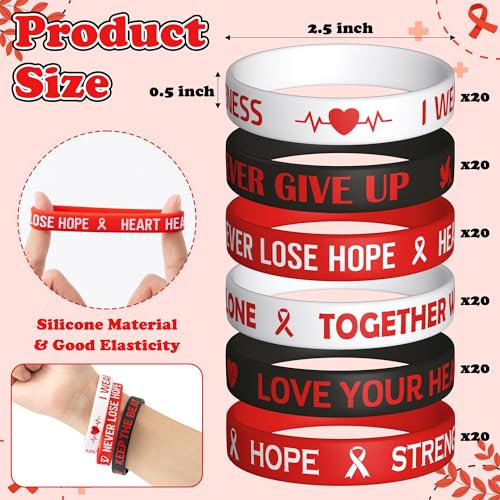 WATINC Heart Health Awareness Silicone Wristband - Red Ribbon Heart Cancer Disease Awareness Bracelets,Motivational Inspirational Heart Beat Rubber Bracelet Events Gifts for Men Women Teens(120Pcs)2