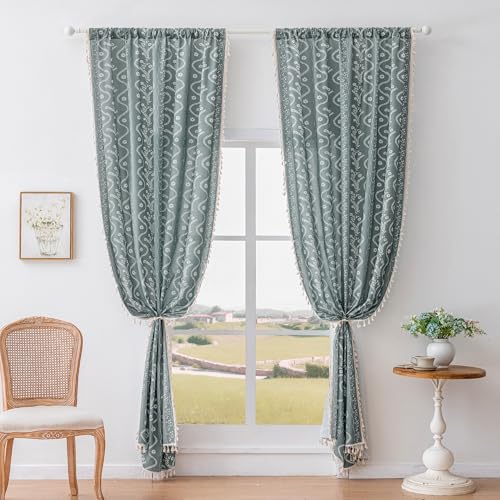 Image of Boho Curtains 84 Inch Long for Living Room, Bedroom, 2 Panels Floral Farmhouse Vintage Tassel Semi Sheer Light Filtering Privacy Window Curtain Drapes with Rod Pocket,Gray