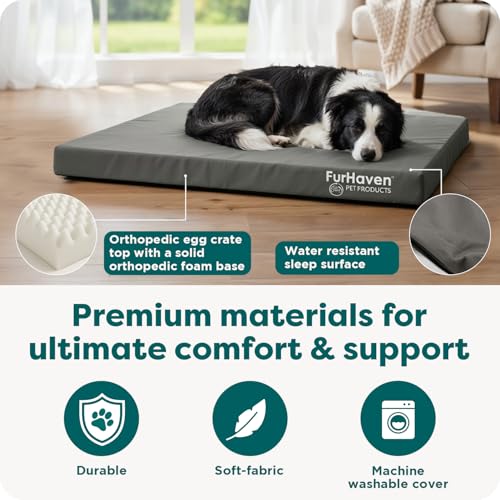 Image of Furhaven Water-Resistant Orthopedic Dog Bed for Large /Medium Dogs w / Removable Washable Cover, For Dogs Up to 55 lbs - Indoor /Outdoor Logo Print Oxford Polycanvas Mattress - Forest, Large
