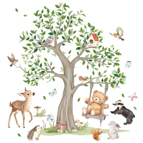 FUFUQUARE Stickers Muraux Enfant Arbre Géant et Ours sur Balançoire Décoration Murale Aquarelle Animaux de la Forêt Faons Oiseau Autocollants pour Chambre...