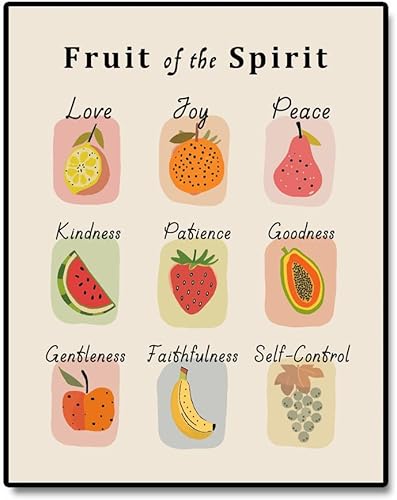 Arte de pared Fruit of the Spirit, impresión artística de frutas, decoración cristiana retro para el hogar, impresión de escritura vintage, arte de