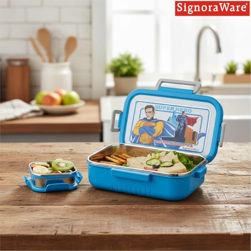 Image of SignoraWare Buster Stainless Steel Lunch Box | Airtight & Leakproof | Durable & Odorless | Ideal for Office, School & Travel Use | Easy to Clean & Carry (850ml + 130ml | Blue)