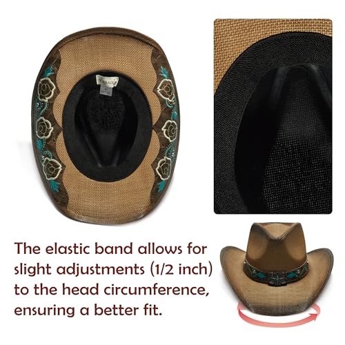Image of YOUBADU Western Straw Cowboy and Cowgirl Hats with Decorative Bands - Unisex Wide Brim Raffia Style Sun Hat
