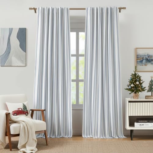 ZJDECOR Blue Striped Blackout Curtains 84 Inches Length,Ticking Stripe on White Cotton Blended Light Filtering Fabric with White Liner,Modern Bedroom Window Treatment,Back Tab Rod Pocket,55