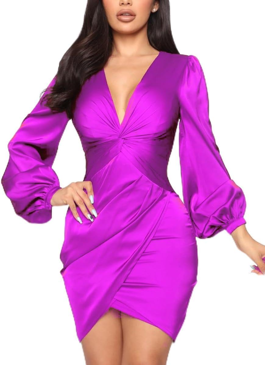 FairyLove Women's Elegant Empire Waist Long Sleeve Wedding Guest Party Cocktail Bodycon Irregular Satin Dresses