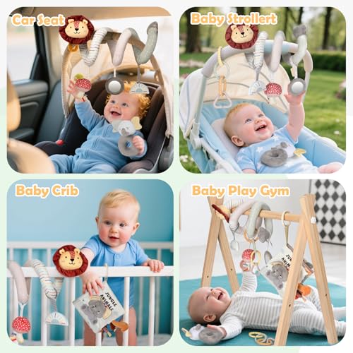 Image of Joyreal Spiral Car Seat Toys with Jungle Soft Book, Plush Rattles and Linking Rings, Stroller & Travel Toy for Newborns and Infants 0-12 Months Girls Boys
