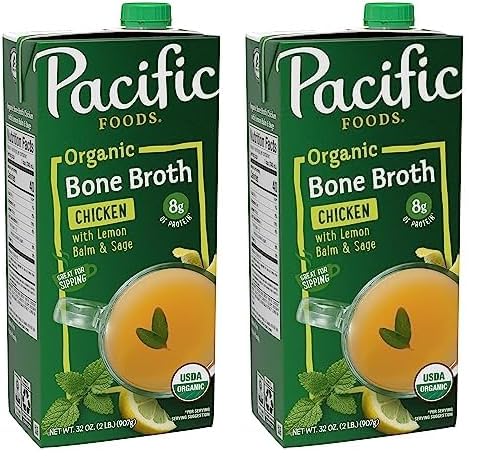 (Best By 19/2025)(Box of 11 pack)Pacific Foods Organic Chicken Bone Broth with Lemon Balm and Sage, 32 OZ Carton (Pack of 2)