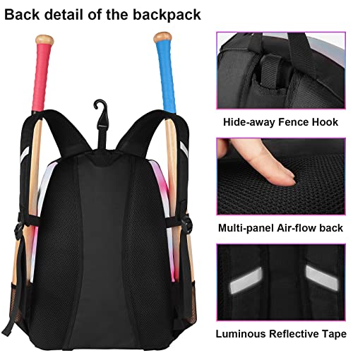 Matein Softball Bag, Lightweight Baseball Bat Backpack With Shoe Compartment, Baseball Bag With Fence Hook For Tball Bat & Equipment, Softball Gift Catchers Bags For Women Fit Batting Glove, Helmet #TOP3