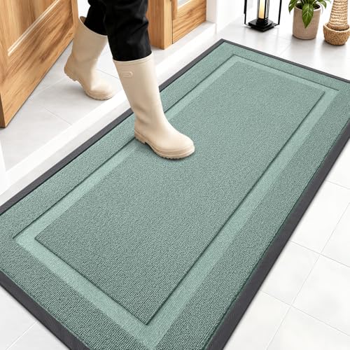 Image of OLANLY Front Door Mat Indoor Outdoor Entrance, Waterproof All-Season, All-Weather Doormat, Sturdy Natural Rubber, Low Profile, Easy Clean Patio Porch Entryway Mat, 47x23, Grayish Green