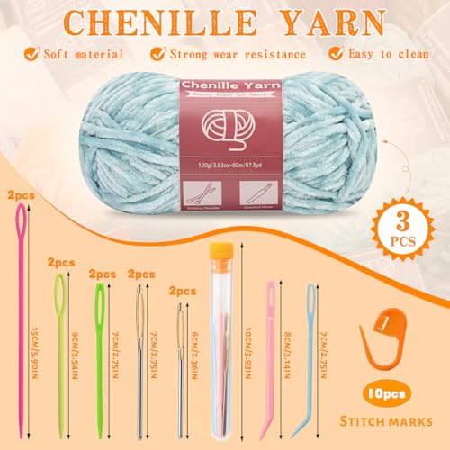 Image of LUNARM Chenille Yarn 3 Pack 3.5oz Chunky Blanket Velvet Yarn 263 Yard | Light Green Chunky Chenille Yarn for Beginners Crocheting Hand Knitting Scarves with Big Eye Needles Machine Washable