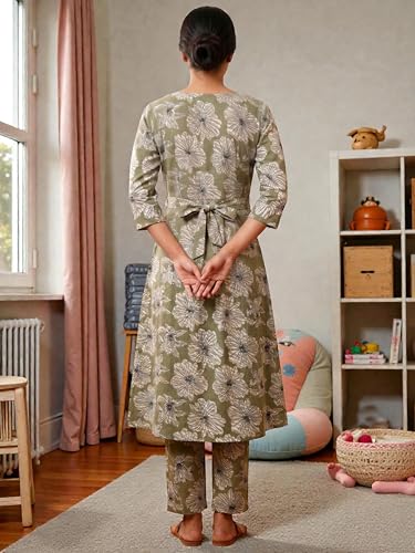 Image of RITIJYA Pure Cotton Feeding Kurta Pant Set for Women | Floral Anarkali Pregnancy Dress with Concealed Nursing Zipper Side Pocket | Pre & Post Partum | Maternity Dresses | Baby Shower Outfit