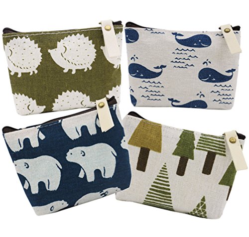 SOOKOO Animal Canvas Change Coin Purse Wallet Bag Gift with Zip and Liner, Pack of 4