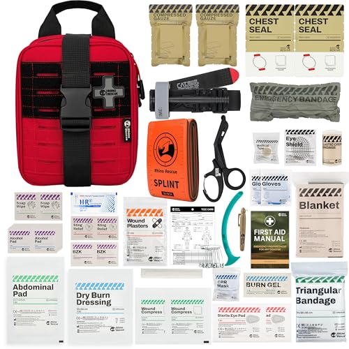 RHINO RESCUE IFAK Trauma Kit with C-A-T Tourniquet, Tactical First Aid Kit Molle Pouch for Military, Combat, Car, Camping, Hiking, Travel (Red)