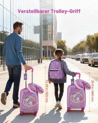 VEVOR 5 TLG. Kinderkoffer Set, 457,2 mm, Hartschalenkoffer mit Kindertrolley, Rucksack, Nackenkissen, Lunchbox & Kofferanhänge, Kofferset fürJungen & Mädchen, praktisch für Reisen Fliegen (Einhorn)