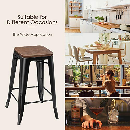 Costway 26 Inch Metal Bar Stool Set Of 4, Counter Height Backless Stool With Wooden Seat, Solid Iron Legs With Footrest, Industrial Stackable Bar Stool For Dining Room, Living Room, Kitchen, Black (4) #TOP5