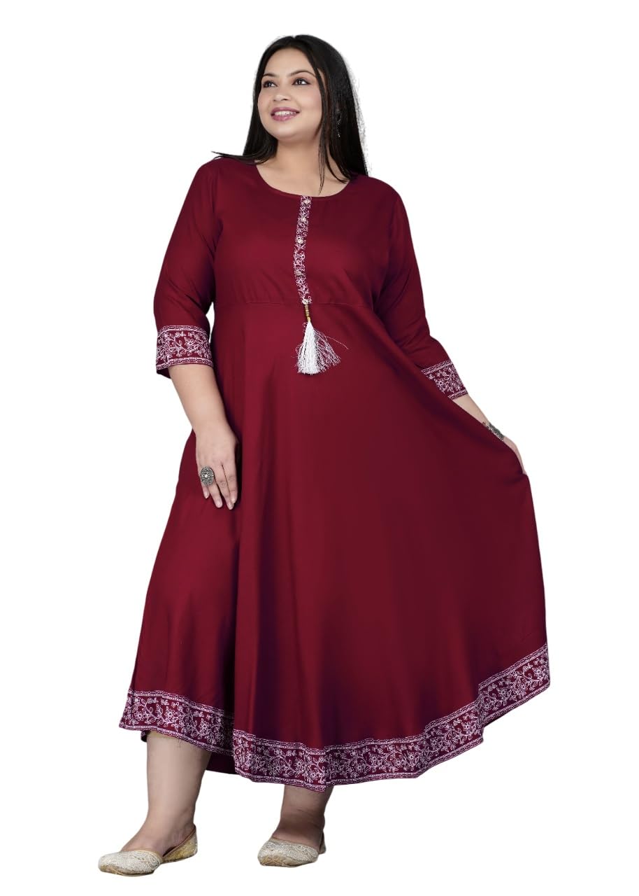 Plus Size Solid Anarkali Rayon Kurta Flared Kurti for Women - Red-image-27
