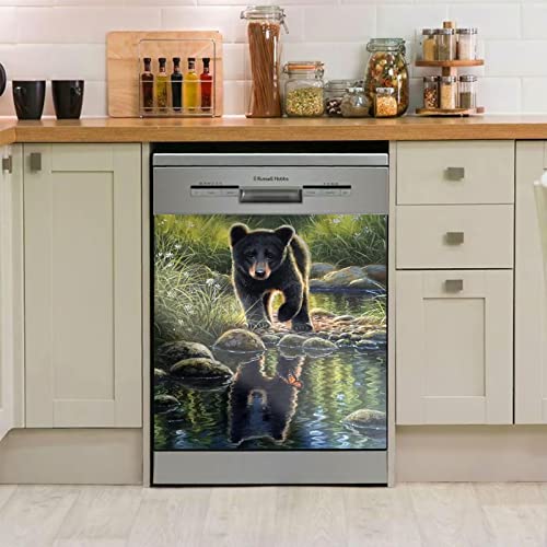Florals Black Bear Magnet Decorative Dishwasher Cover,Animal Cabinet Vinyl Wrap,Black Bear Reflection Stickers For Kitchen Decor,Butterfly Bear Fridge Wrap, 23X26Inch( Magnetic ) #TOP12