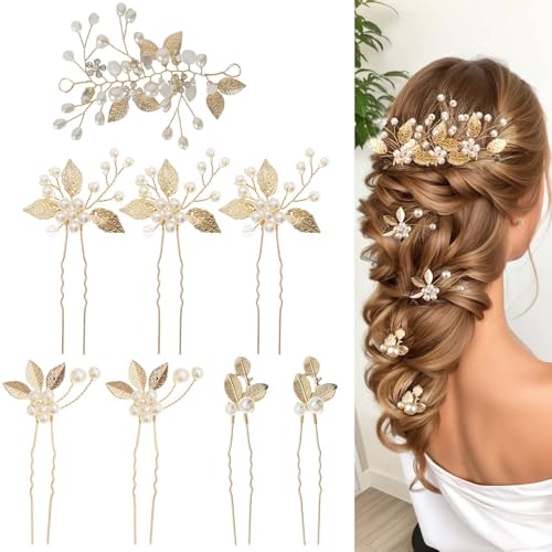 8 Pièces Épingle À Cheveux De Marriage,Barrette Cheveux Fleur Perle Pince Feuille D'or,Mariée Coiffure De Mariage Perle Épinglettes De Cheveux,Or Broches...