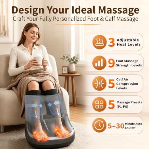 Masajeador eléctrico 2 en 1 para pies y pantorrillas con calor y técnica shiatsu | 3 modos de masaje, 3 niveles de intensidad, cabe hombres hasta talla 11 y mujeres hasta talla 12.5 miniatura 6