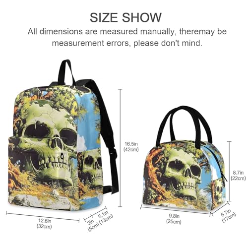 Backpack Lunch Bag Set Big Skull Print, Big Storage Travel Backpacks with Insulated Lunch Box for Office Hiking Picnic2