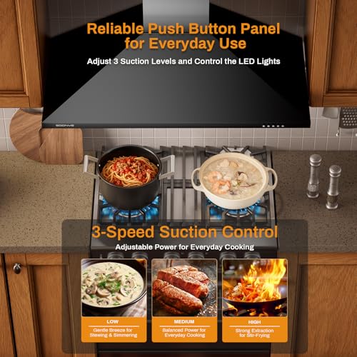 Image of 36 Inch Wall Mount Range Hood Ducted /Ductless Convertible Kitchen Exhaust Hood with 450 CFM Motor, 3 Speed Fan, LED Lighting and Dishwasher Safe Filters, Matte Black Painted Finish