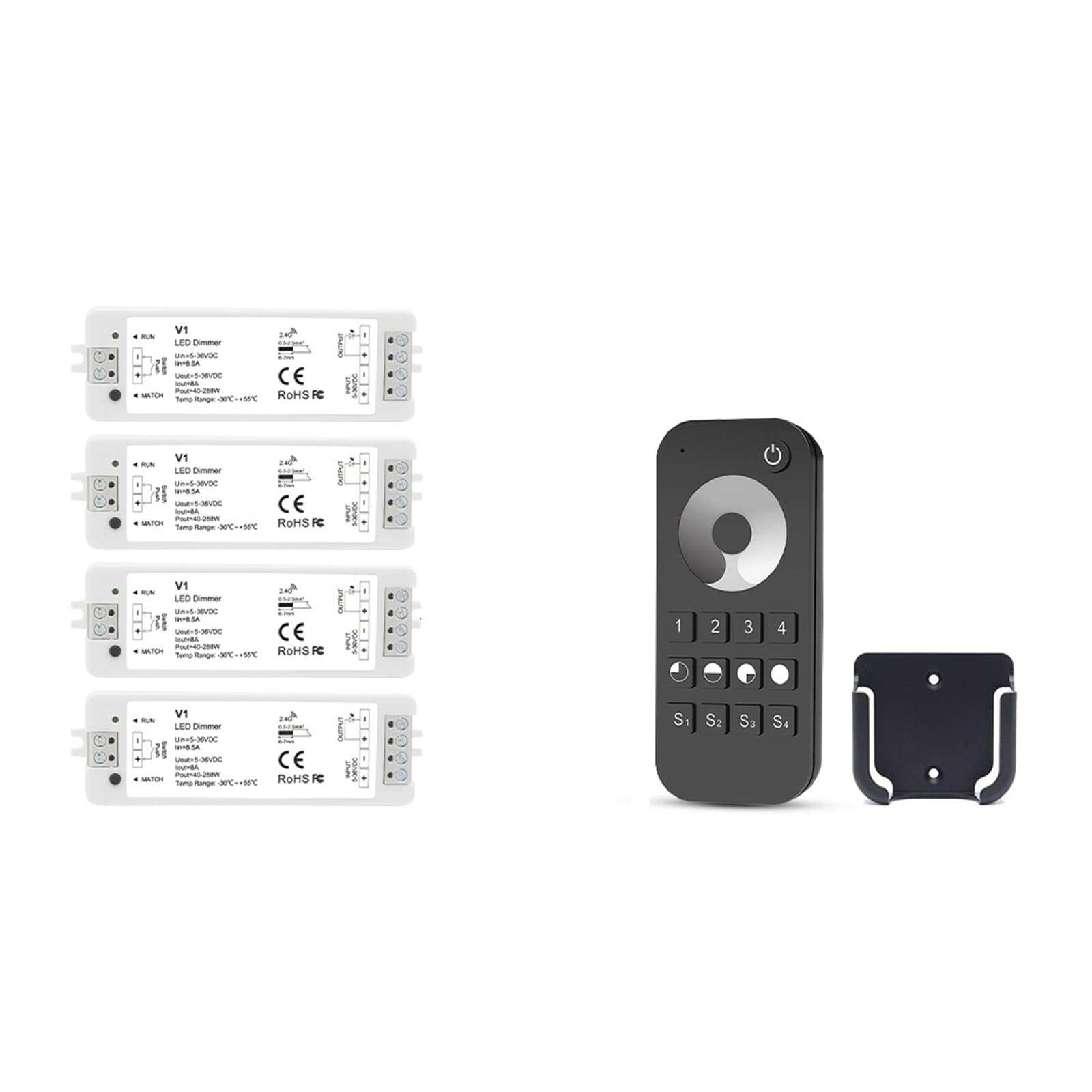 V1 LED-Dimmer, 12 V, 24 V, 36 V, RT6, 4 Zonen, einfarbige LED-Lichtleiste, Dimm-Set, kabelloses WLAN, 2,4 G RF-Fernbedienung, Tastenschalter, Dimmer (Color : 4pcs V1 1pcs RT6 Set)