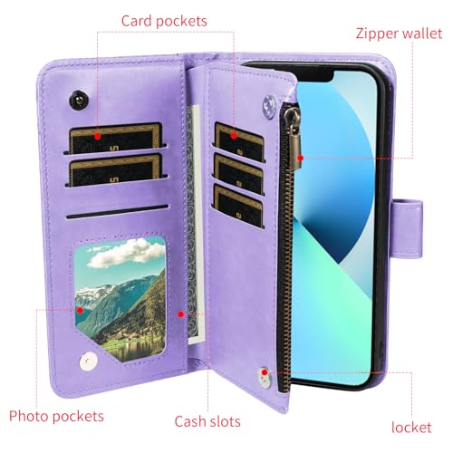 Coque iPhone 13 Mini Fleur Flip violet clair, étui portefeuille avec béquille - 3