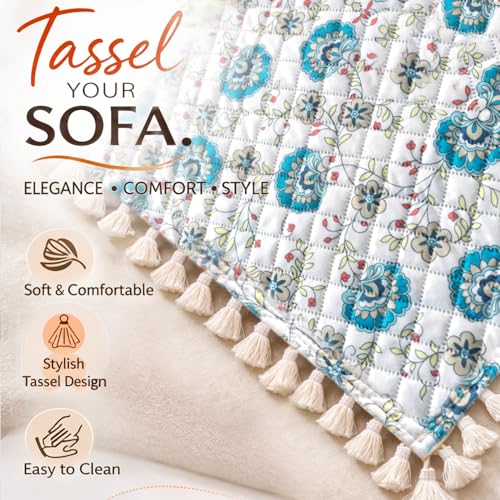 Image of HOKIPO Cerulean Bloom Quilted Sofa Cover 5 Seater with Tassels Set - Sofa Cover for Seat & Back | 'Tassel Twigs' Series (IN-991-T6 + IN-989-T6)