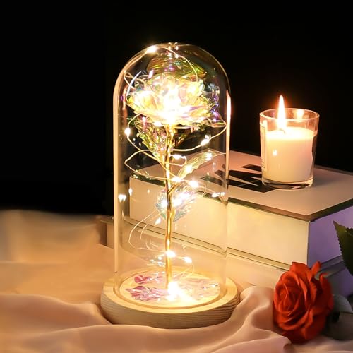 Valentines Day Rose Gifts for Her, Galaxy Glass Rose Forever Preserved Flowers for Delivery Prime in Glass Dome, Birthday Valentine's Day Gifts for Women Mom Girlfriend Wife Daughter, Rainbow