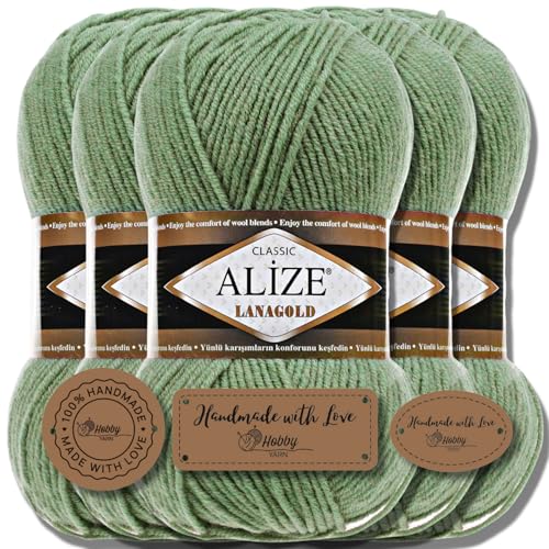 Alize 5 x 100g Lanagold Türkische Premium Wolle Baumwolle und Acryl Handstrickgarne | Yarn | Garn | Strickgarn Accessoire Baby zum Häkeln Stricken Kleidung Schals (Silver Pine | 180)