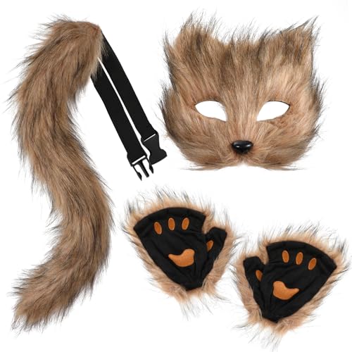 XEPST Conjunto de disfarces de raposa lobo animal, Fox Faux Fur cauda e patas de raposa com máscara de raposa para disfarce de animal cosplay aniversário festa de disfarces de Halloween, castanho