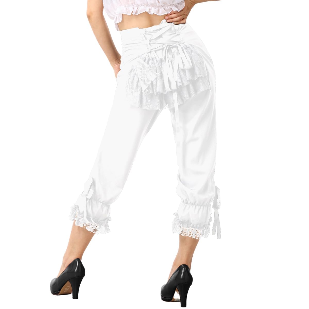 COSDREAMER BasilWomen Gothic Steampunk Elastic Waist Breeches Pirate Costume Pants (L, White)