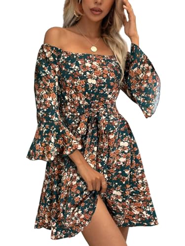 Image of Off Shoulder Ruffle Dress for Women, A-Line Mini Dress with Belt, Fitted Bust Summer Wedding Guest Dress