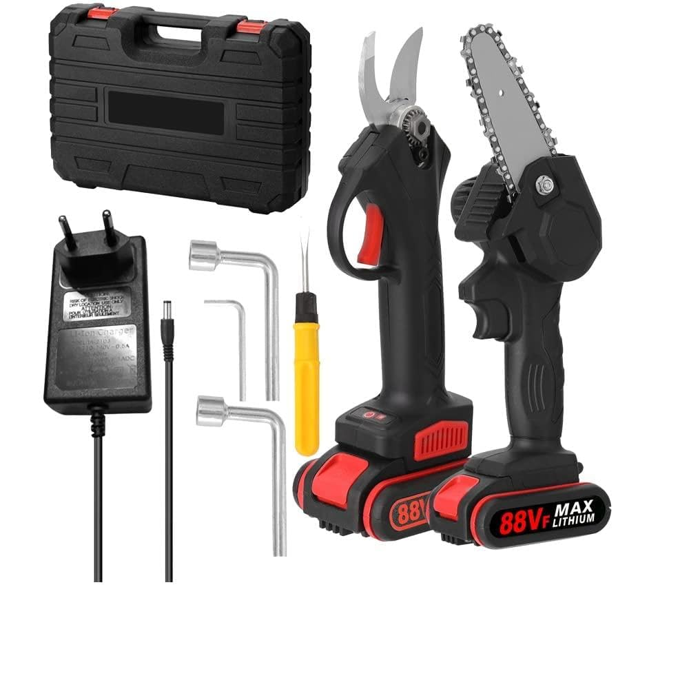 Troncarami, 21V 30mm Motore senza spazzole a batteria 88VF Potatura elettrica Cesoie a da 4 pollici Set di motoseghe Strumento for la lavorazione del legno(Chainsaw Kit)