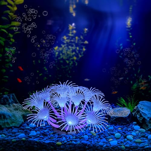 Image of Soft Silicone Glowing Aquarium Coral, Aquarium Coral Decorations with Sucker, Glowing Artificial Ornament for Fish Tank Decorations Accessories, Sunflower