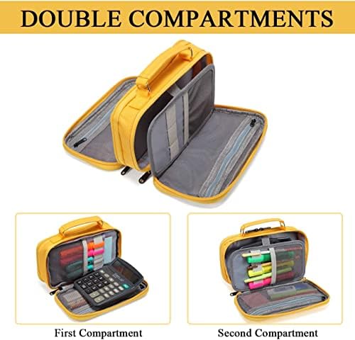 VASCHY Pencil Case, Large Pencil Pouch with Multi-compartments for School, Work, Office Portable Pencil Cases for Adults, Girls and Boys with Top Handle Zippered Stationary Organiser, Yellow