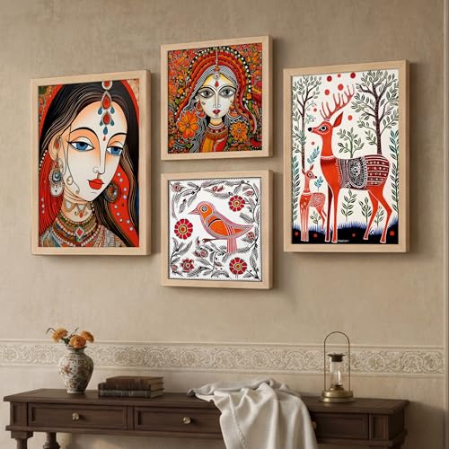 Image of NoWorries Pichwai Wall Art Framed Paintings Set of 4 | Indian Traditional Folk Art Prits with Frames for Living Room, Bedroom and Office Decor | Premium Digital Madhubani Artwork frame