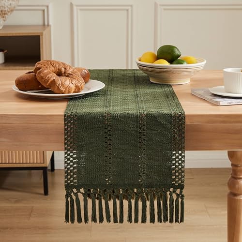 Image of ZeeMart Macrame Style Boho Table Runner, 12x108 Inch Olive | Woven Boho Table Runner with Handmade Tassels, Crochet Hollow Table Scarf, Farmhouse Kitchen Home Decor Dresser Runner