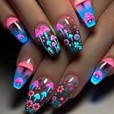 Mushroom Press on Nails Medium Flower False Nails Fantasy Mushrooms Pattern Design Ballet Shaped Fake Nails Full Cover Glossy Glue on Nails Press Nails with Charm Artificial Stick on Nails for Women
