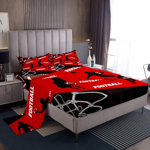 Erosebridal Football Bed Sheets King Sports Sheet Set for Boys Red and Black Football Bedding Set for Boys Kids Bedroom Decor,Ball Game Fitted Sheet + Flat Sheet Wrinkle Free + 2 Pillow Shams