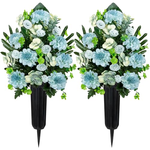 Velibobo Flores artificiales para tumbas, juego de 2 ramos de flores conmemorativas de cementerio, crisantemo funerario con jarrones para decoración de tumbas al aire libre (azul)