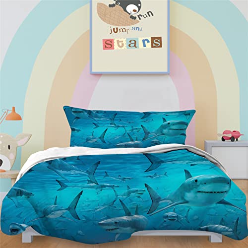 YUANZU Shark Duvet Cover Set Single for Kids Boys Teens Bedding Set 2 Pieces Ocean White Shark Underwater World Printed Soft Microfiber Quilt Cover with Zipper Closure (135x200cm & 1Pillowcase)