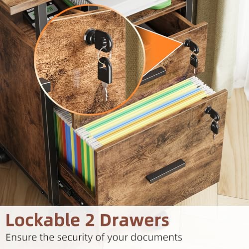 GYIIYUO 2 Wood Drawer File Cabinet with 22\'\' Extended Desktop and Lock, Mobile Filing Cabinet Lockable, Rolling File Cabinet, Printer Stand, Fits A4/Letter Size, Home Office, Rustic Brown - Thumbnail 5