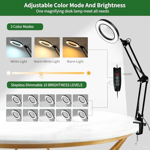 Lychee 10X Magnifying Glass with Light and Stand, 3 Color Modes Stepless Dimmable Glass Magnifying Hands Free 2-in-1 Desk Lamp with Heavy Base Clamp, LED Lighted Magnifier for Repair Crafts Close Work by Lychee - Image 4