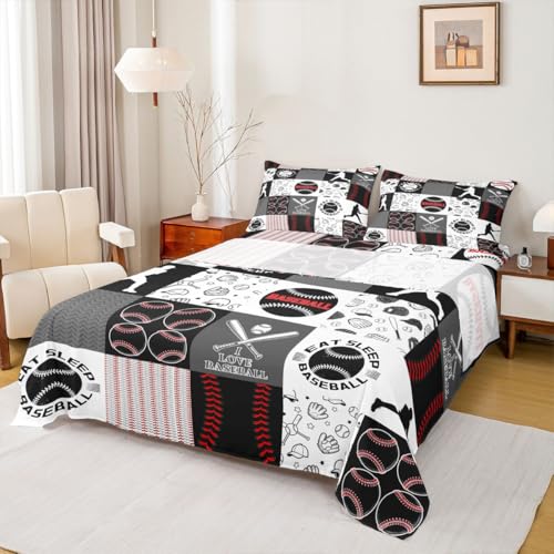 Image of Castle Fairy Patchwork Baseball Fitted Sheet King Size 4 Pcs,Sports Geometric Grid Red Grey Teens Sheets,Baseball Bedding Sets (1 Fitted,1 Flat,2 Pillowcases)