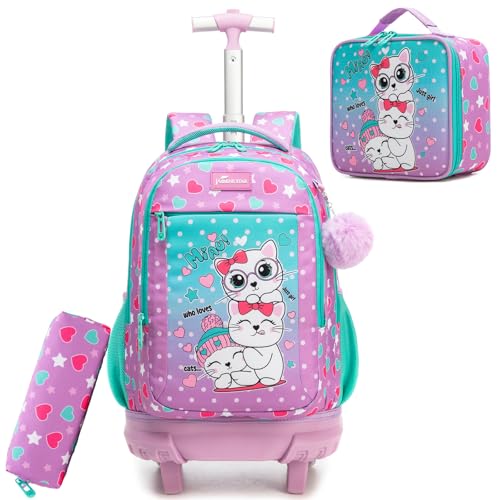 ZBAOGTW Rolling Backpack for Kids 8-12 Rolling Backpack for Girls Backpacks with Wheels for School Boys, Purple White Cat