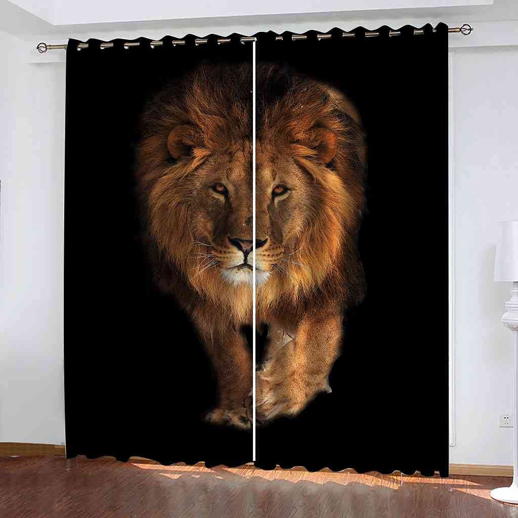 Rideau occultant lion doré 3D lot de 2 rideaux thermiques et phoniques salon 264x242 cm